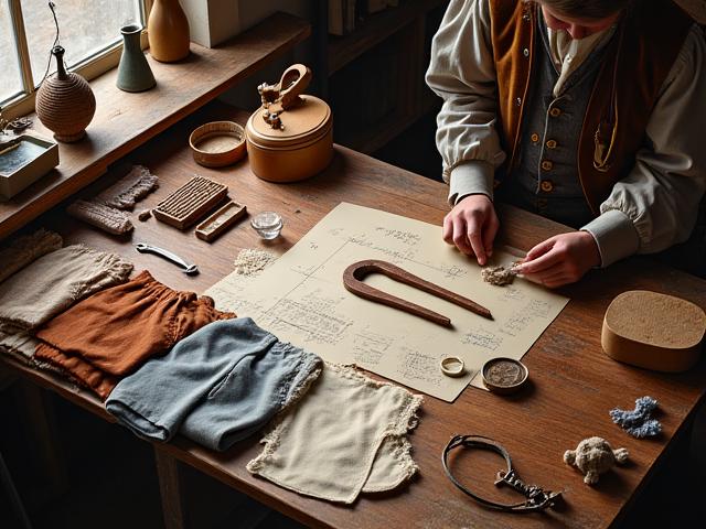A workshop table covered with various historical costumes, props, and design sketches for an industrial era setting.