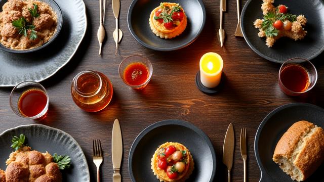 A beautifully laid table with historical era-inspired dishes and drinks.
