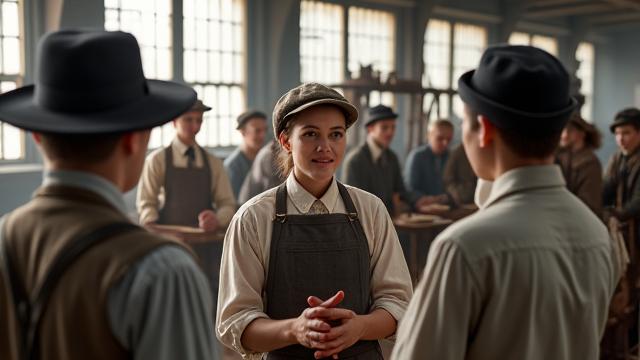 Participants dressed in period factory worker attire, engaged in a dramatic scene on a recreated factory floor.