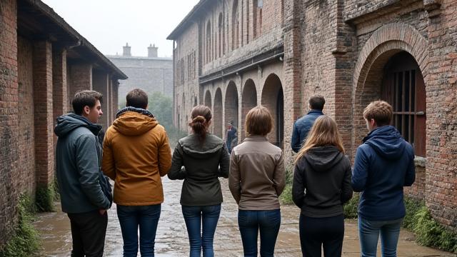 A small group on a guided tour of a historical industrial site, listening intently to a guide.