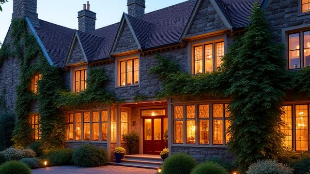 The exterior of a charming, historically preserved heritage building at dusk.