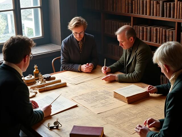 Historians and production designers poring over old blueprints and historical texts, with period artifacts on a table.
