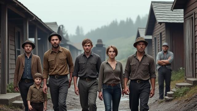 Individuals portraying miners and their families in a historically accurate mining town set, showing daily life.