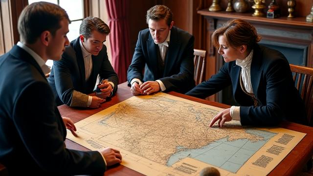 A group of individuals in Victorian business attire, gathered around a large map, planning railway routes.
