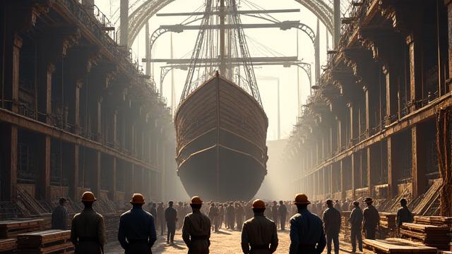 A bustling scene inside a historical shipyard, with participants dressed as workers performing tasks.