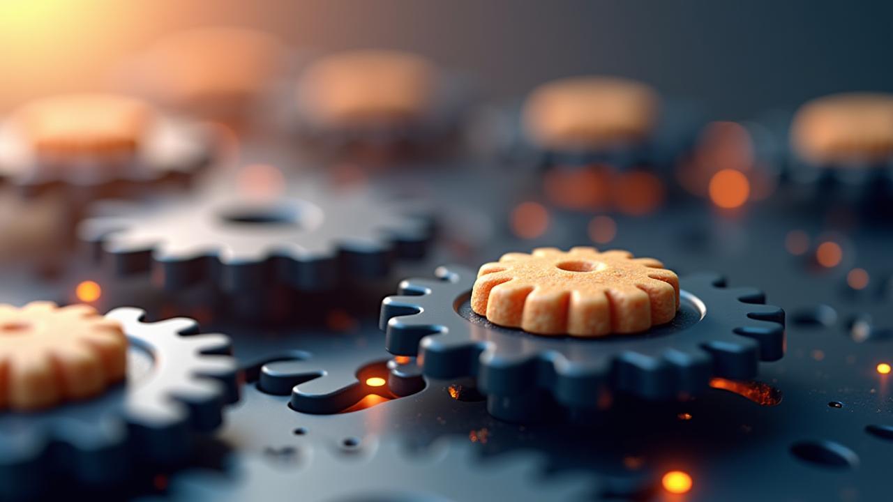 A stylized depiction of gears turning, with small digital cookies floating efficiently around them, representing website functionality and user experience optimization.