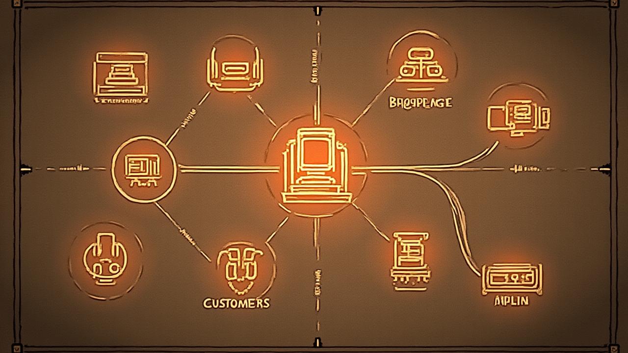 A stylized, vintage-inspired diagram showing secure data flow paths between Ironwood Escapes, heritage partners, and customers, emphasizing privacy protection.